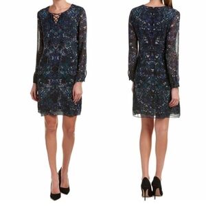 Womens M Blue Floral  Modest Abstract Artzy Comfy Long sleeves Light Dress